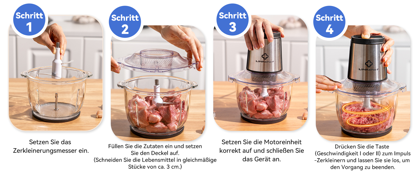 Подрібнювач LINKChef електричний 1.5л, скляна чаша, сталеві ножі, 2 швидкості, для м'яса, фруктів, овочів та дитячого харчування, сріблястий