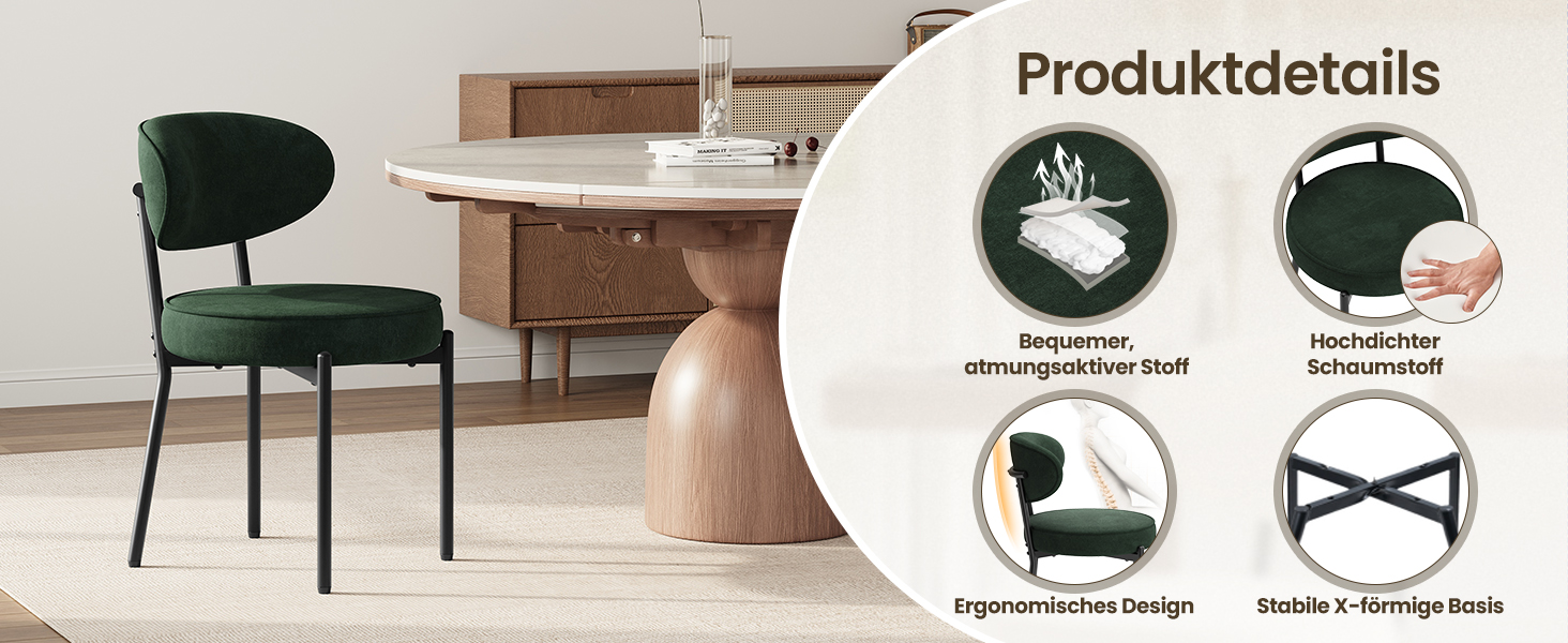 Обідні стільці COLAMY з м'яким сидінням 10 см – Сучасні крісла з плюшевої тканини Teddy, з міцним металевим каркасом – для кухні та вітальні, білий (зелений, набір 2 шт)