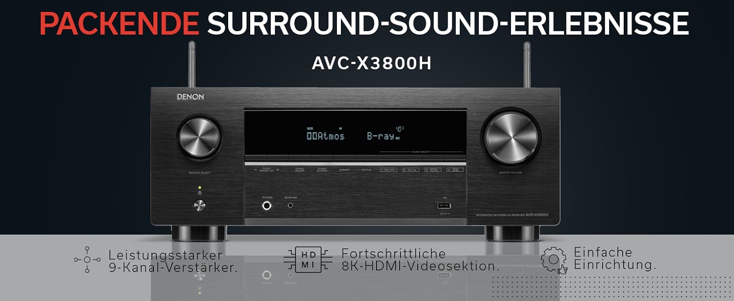 Denon AVC-X3800H 9.4-канальний AV-ресивер, підсилювач з Auro-3D, Dolby Atmos, DTS:X, 6-дюймовий 8K входи та 3 виходи, Bluetooth, AirPlay 2, HEOS Multiroom, Alexa Compatible, чорний