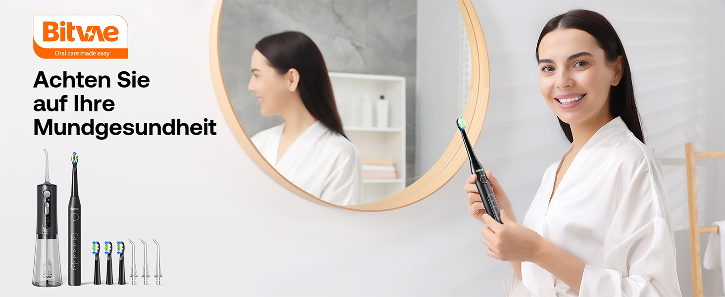Набір для гігієни порожнини рота Bitvae: мундштук та електрична зубна щітка, 3 режими, 5 рівнів тиску, бездротовий, з 4 насадками для щітки та 4 насадками для мундштука, чорний