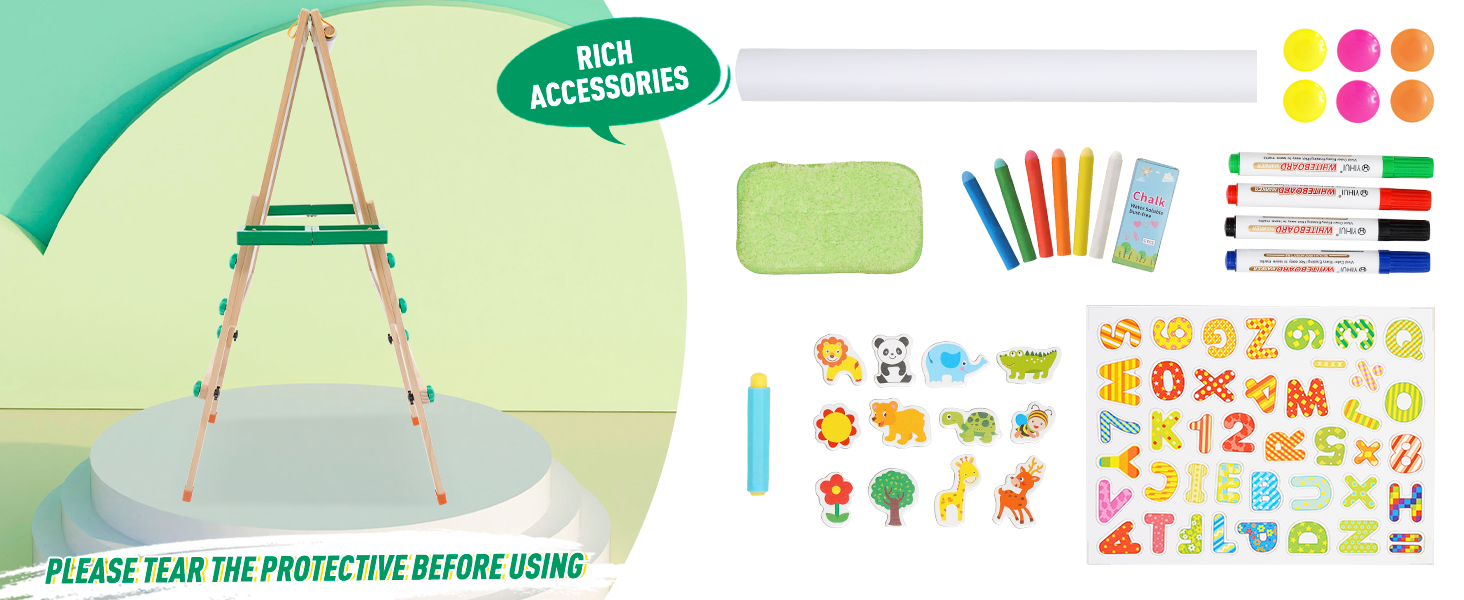 Дитяча мольберт-трансформер з паперовим рулоном, дошками для малювання та аксесуарами. Регульована висота 90-110 см. Дошка з покриттям для сухого стирання.