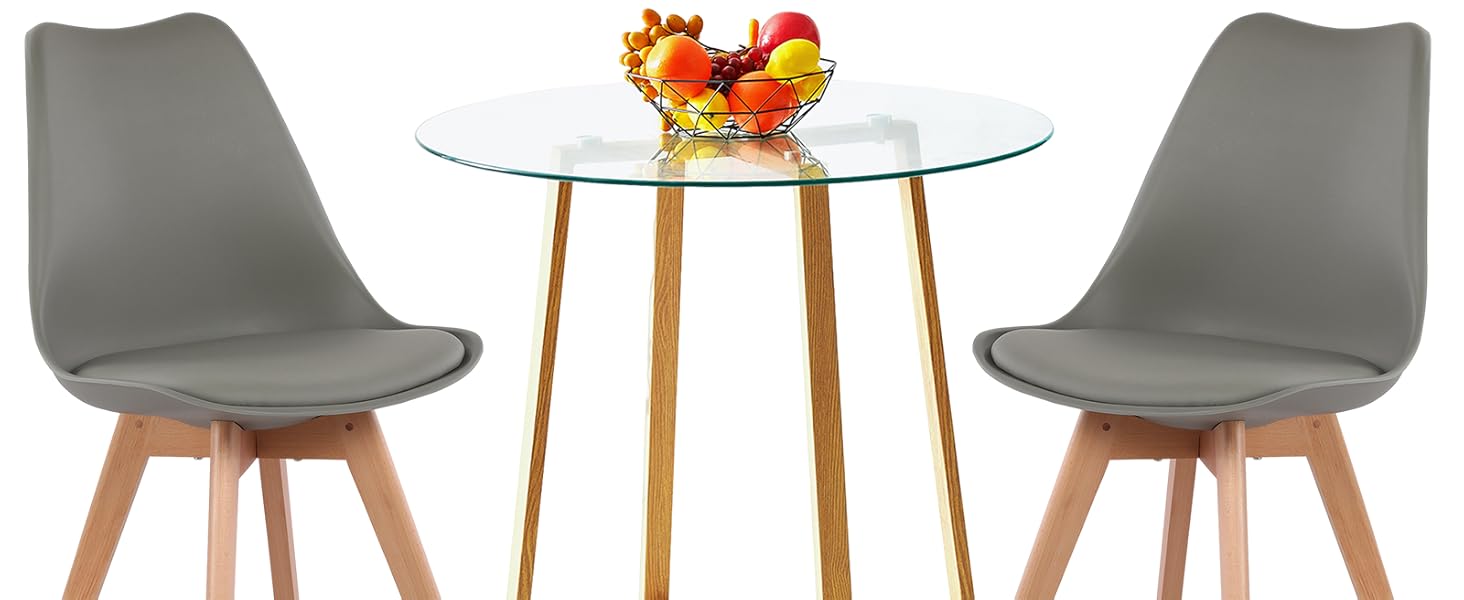 Обідній стіл HJ WeDo з 2 стільцями, круглий скляний стіл у скандинавському стилі, білий, для балкону, вітальні та їдальні