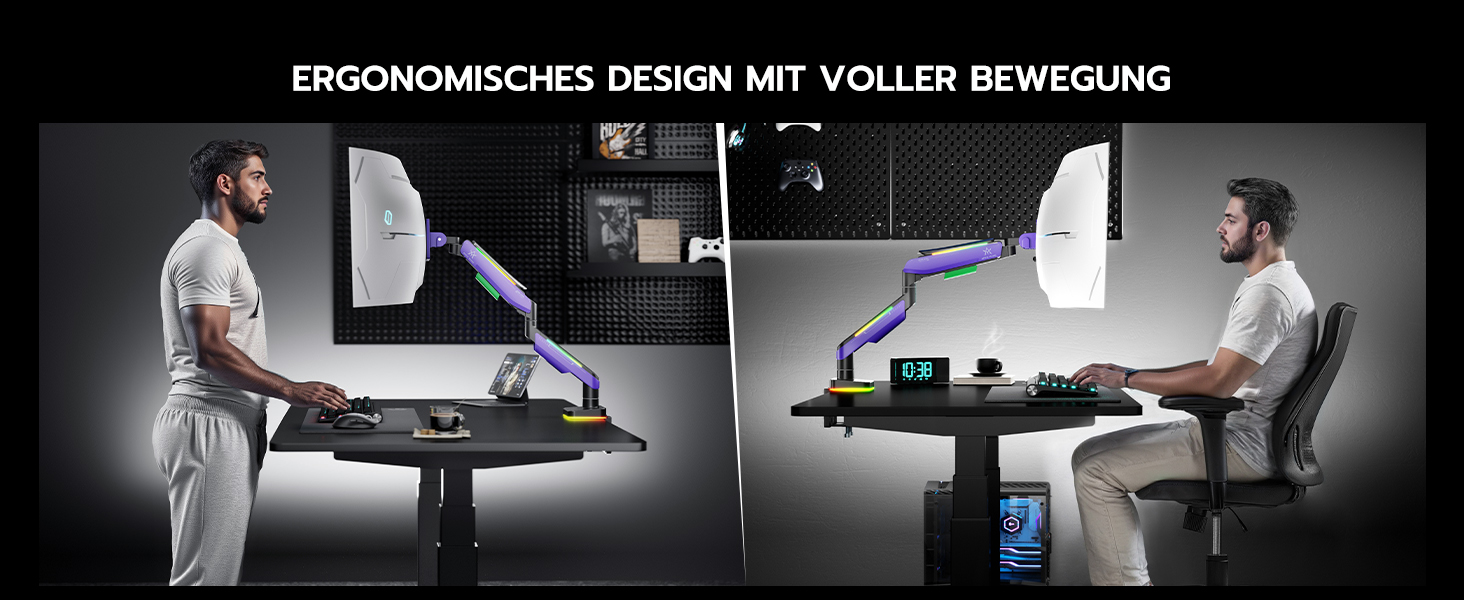 Кріплення для монітора ARES WING Gaming – для моніторів 17-49 дюймів, RGB, витримує до 20 кг, VESA 75/100 мм (фіолетовий)