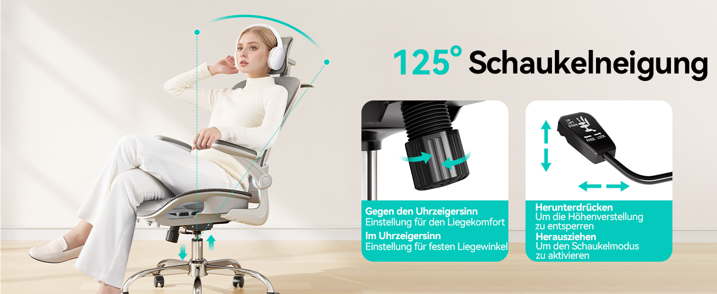 Офісне крісло LarkLeaves з ергономічною спинкою, регульованими підлокітниками, підставкою для попереку та підголівником. Максимальне навантаження 140 кг, сірий колір.