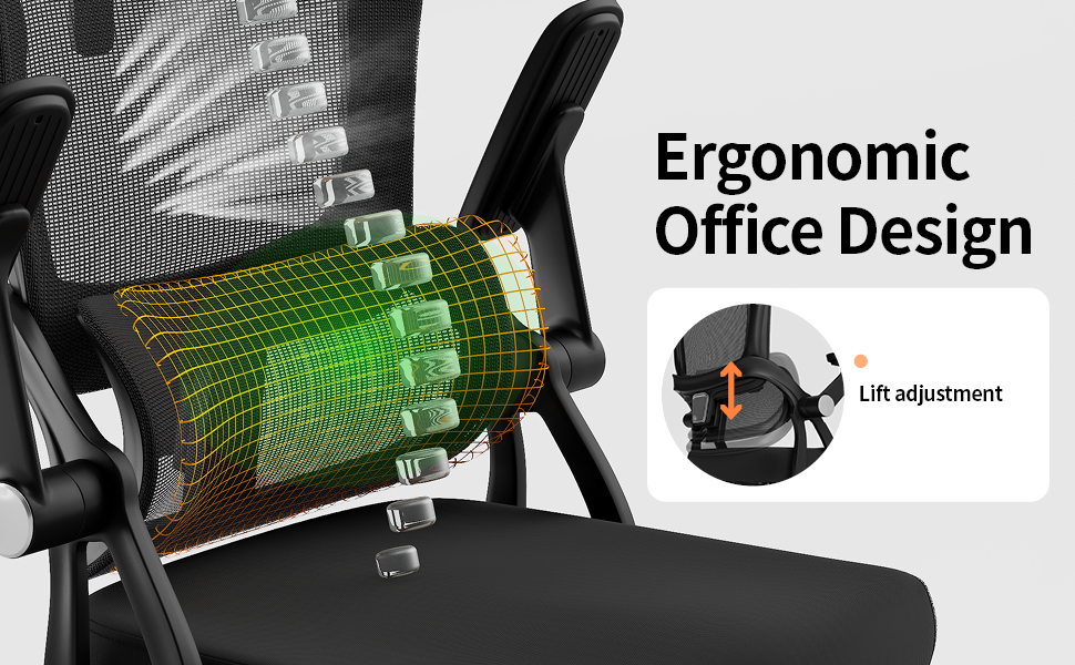 Офісний стіл-крісло Monhey з регулюванням висоти, поворотне з відкидними підлокітниками, дихаюча сітка, регульована підголовник та інтелектуальна підтримка попереку – для дому/офісу, чорний
