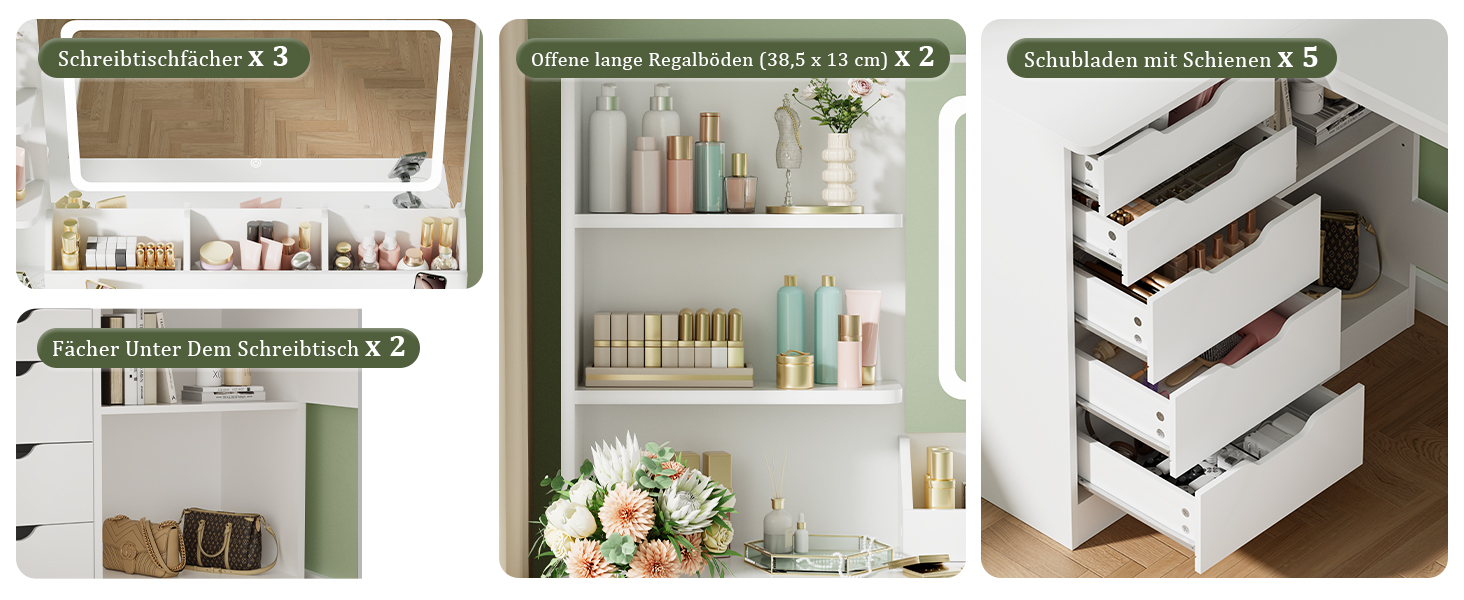 Дзеркальний столик для макіяжу Devoko з LED-підсвічуванням та пуфом, кутовий туалетний столик з розеткою, 5 ящиків, відкриті полиці, тримач для фену, для спальні (білий)