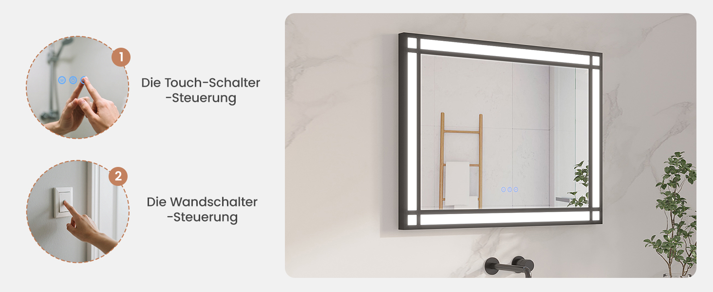 Дзеркало для ванної кімнати AQUABATOS LED з підсвічуванням 50x70 см, імітація вікна, сенсорне регулювання, регулювання яскравості, холодний білий, протизапотівання, чорний алюмінієвий каркас, декор у індустріальному стилі