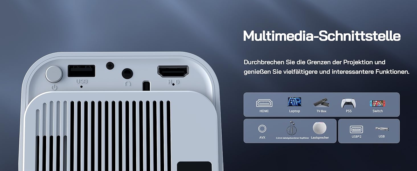 WOLFANG Міні проєктор 4K з Netflix, 26000 люмен, WiFi 6, Smart, 50% Zoom, 180° обертання, сумісний з TV Stick, iOS, Android, PC, PS5, HDMI, AV