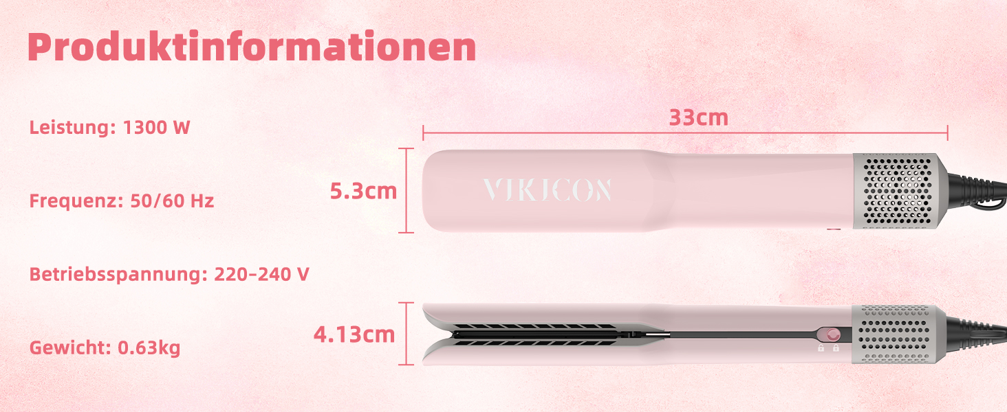 Випрямляч для волосся VIKICON Air Ionic: Професійний безпластинковий випрямляч та плойка для середнього та довгого волосся, рожевий