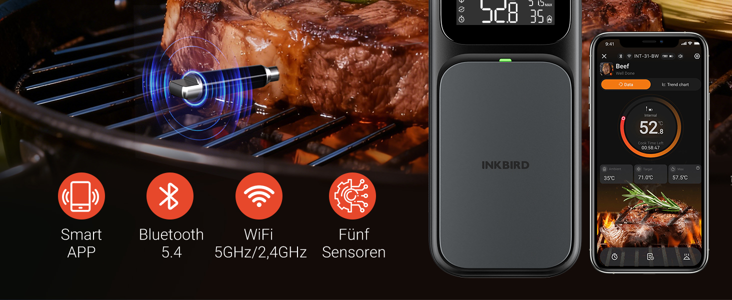 Термометр для м'яса INKBIRD INT-31-BW: бездротовий, Wi-Fi, Bluetooth, для приготування на грилі, в духовці, мангалі, фритюрниці