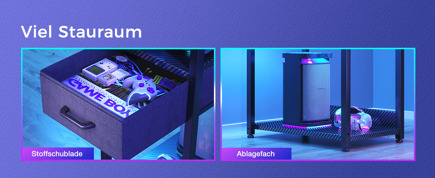 Ігровий стіл Coleshome з LED-підсвічуванням 120x48 см, з ящиками та полицею, обертовий, з тримачем для навушників, карбонове волокно чорного кольору