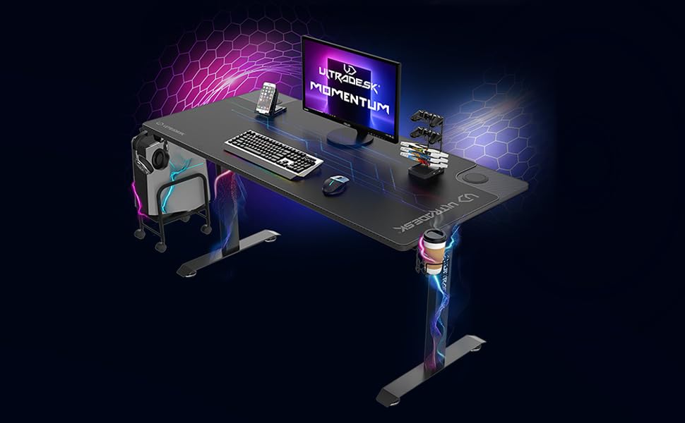 Ігровий стіл ULTRADESK Momentum, килимок розміру XXL, підставка для мобільного телефону, підстаканник, до 130 кг, чорний, 152.5x70 см