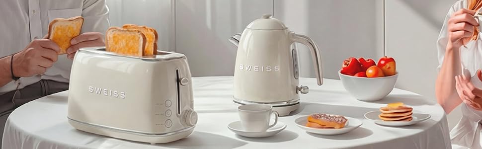 Тостер SWEISS Vintage GRV7 Бежевий: 2 відділення, 6 режимів, для багетів, розморожування, нержавіюча сталь, 1500 Вт