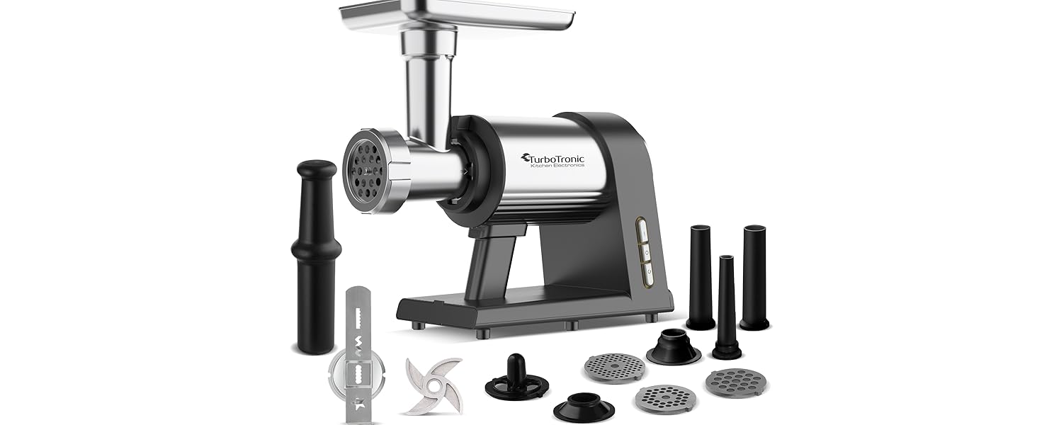 Електрична м'ясоподрібнювач TurboTronic Samurai 2600W з набором аксесуарів: для ковбас, печива, кеббе та подрібнення овочів. Корпус з нержавіючої сталі, металеве редукторне зчеплення.