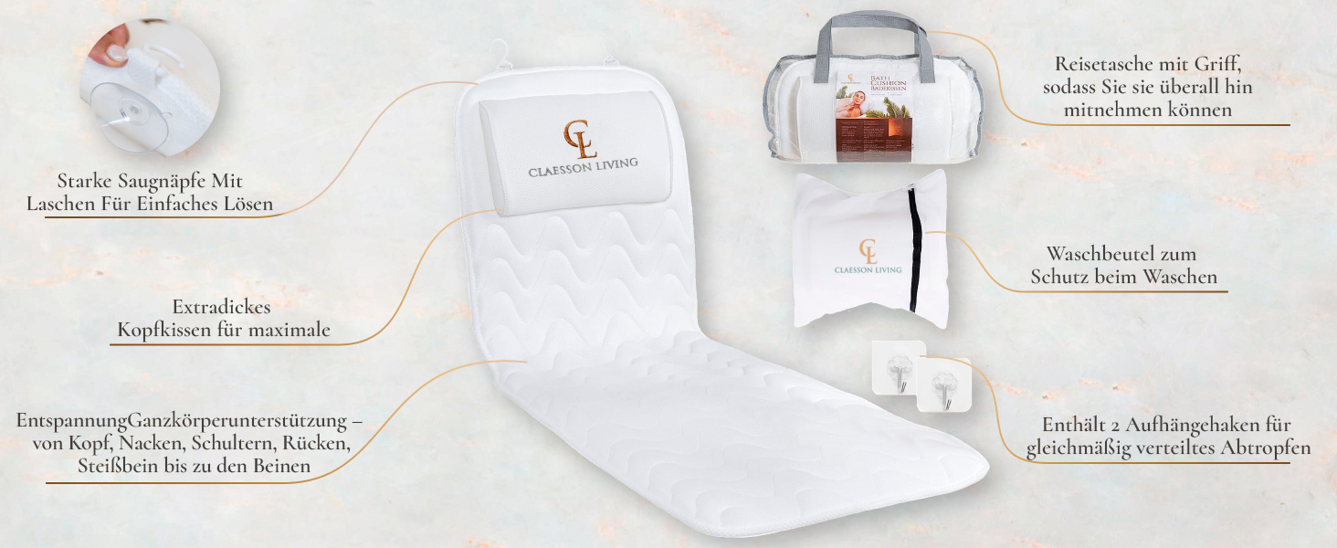 Подушка для ванни для всього тіла (125x43 см) - килимок для ванни з підголовником для підтримки шиї, спини та ніг - з мішком для прання та подорожей та гачком для швидкого сушіння - (Білий)