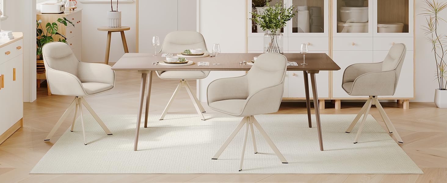 Обідні стільці поворотні з підлокітниками, комплект 6 шт, з м'яким сидінням з велюру, бежевий колір, для кухні та вітальні