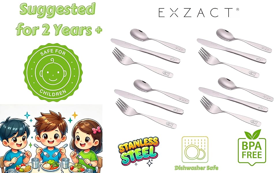Набір дитячого столового прибору Exzact Edelstahl (12 шт.) - 4 виделки, 4 ножі, 4 ложки (Собака, Кіт, Заєць)