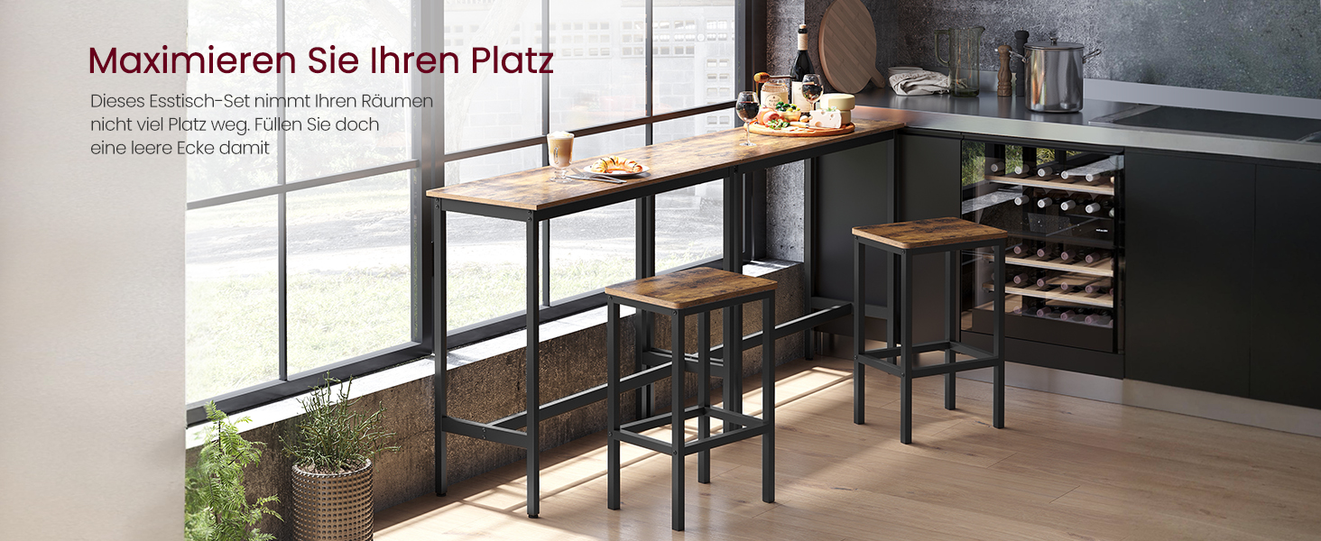 Барний стіл VASAGLE з барними стільцями, комплект для їдальні, стіл для стоячи, сталеве каркас, індустріальний дизайн, вінтажний коричнево-чорний LBT219B01, 2 круглі стільці (чорний горіх + чорний, 2 прямокутні стільці)