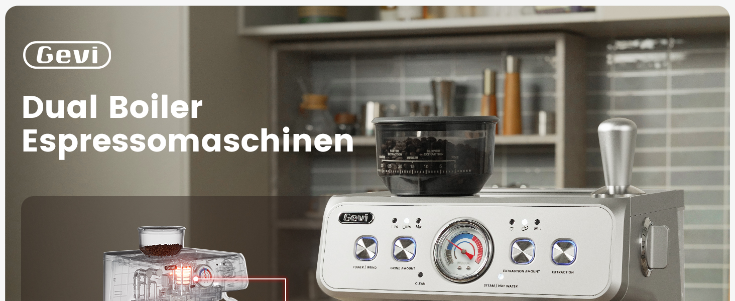 Gevi 2025 Upgrade: Професійна кавомашина еспресо з вбудованою кавомолкою, Dual Boiler, 20 Bar, 2.8л бак, нержавіюча сталь, срібна
