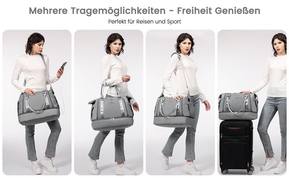 Спортивна сумка LOVEVOOK для подорожей, жіноча дорожня сумка Weekender з косметичкою, відділенням для взуття та мокрих речей, водонепроникна, 37L, сіра
