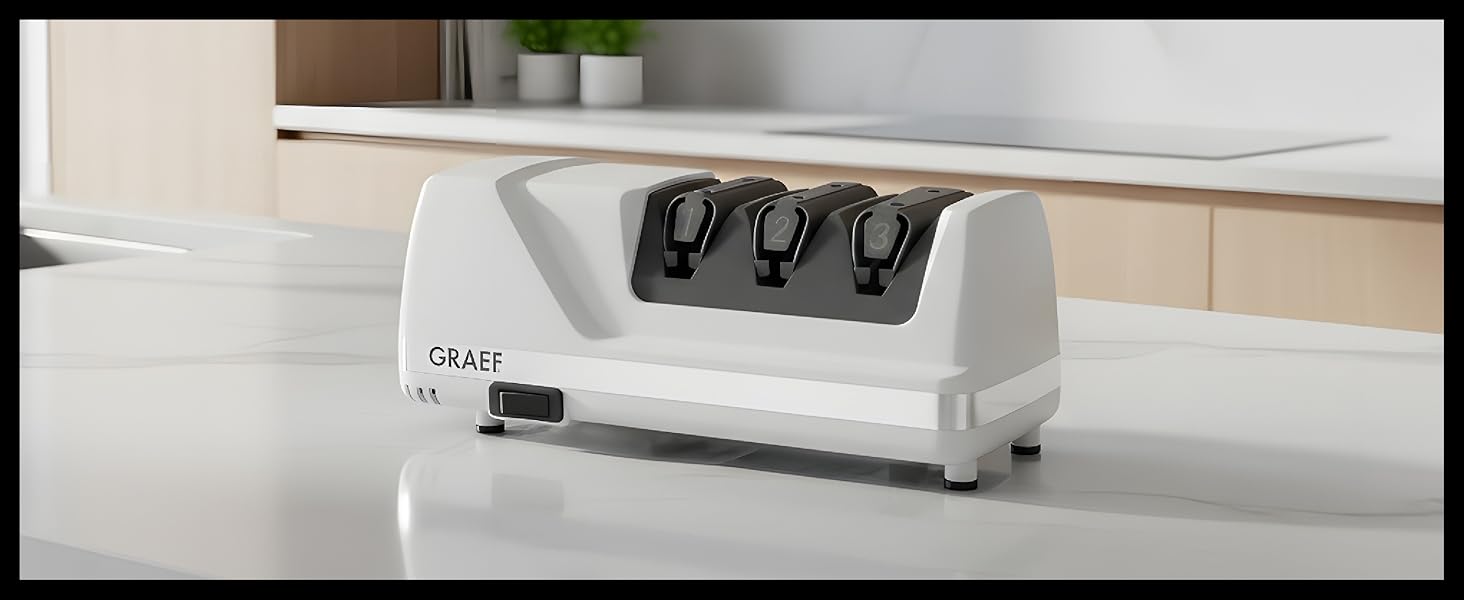 Електричний точило для ножів GRAEF CC120, 3 рівні заточування, алмазне напилення, для кухонних та мисливських ножів, білий