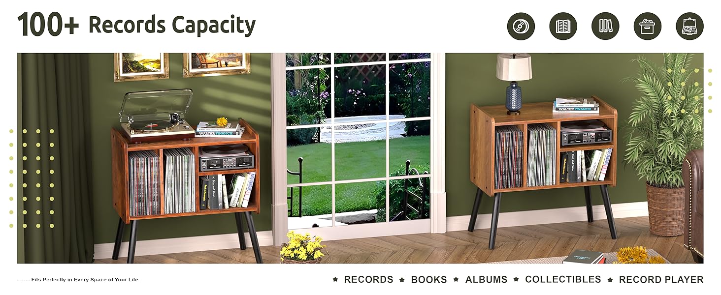 Стіл для програвача, стійка для програвача в стилі середини століття з місцем для зберігання вінілу (до 150+ платівок), шафа для вінілових платівок з регульованими полицями, дуб