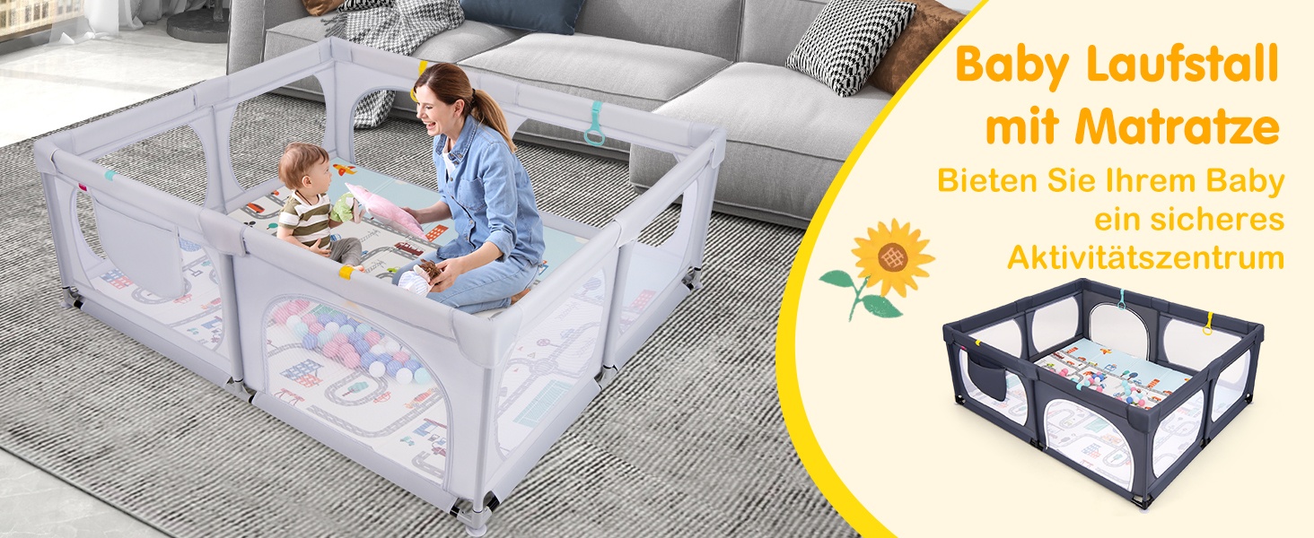 Манеж для дітей DREAMADE 189x158 см з матрацем, кільцями, 50 кульками, сумкою, захисний паркан для малюків 0-3 років, світло-сірий