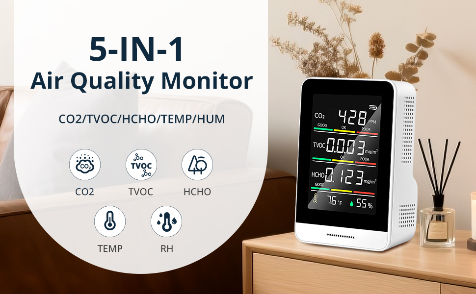 Монітор якості повітря 5-в-1 для дому: CO2, HCHO, TVOC, температура, вологість, запис даних, компактний та портативний
