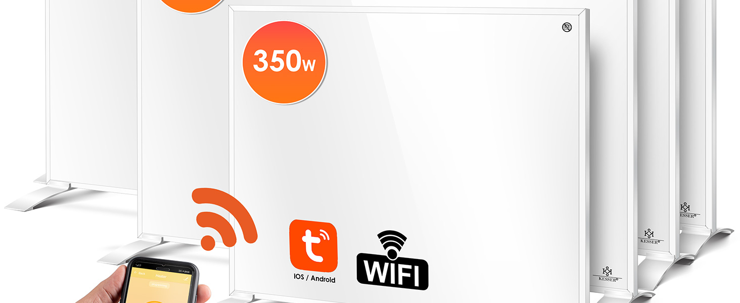 Інфрачервовий обігрівач KESSER® 350W: підлоговий/стінний, з пультом, термостатом та керуванням через додаток. Економія енергії, білий.