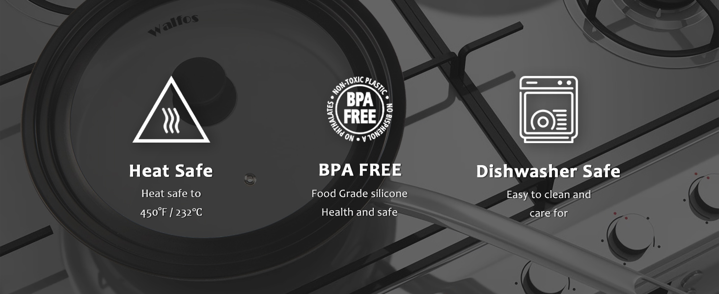 Універсальна скляна кришка для каструль та сковорід Walfos (33, 36, 38 см) з силіконовим обідком, термостійка, чорна