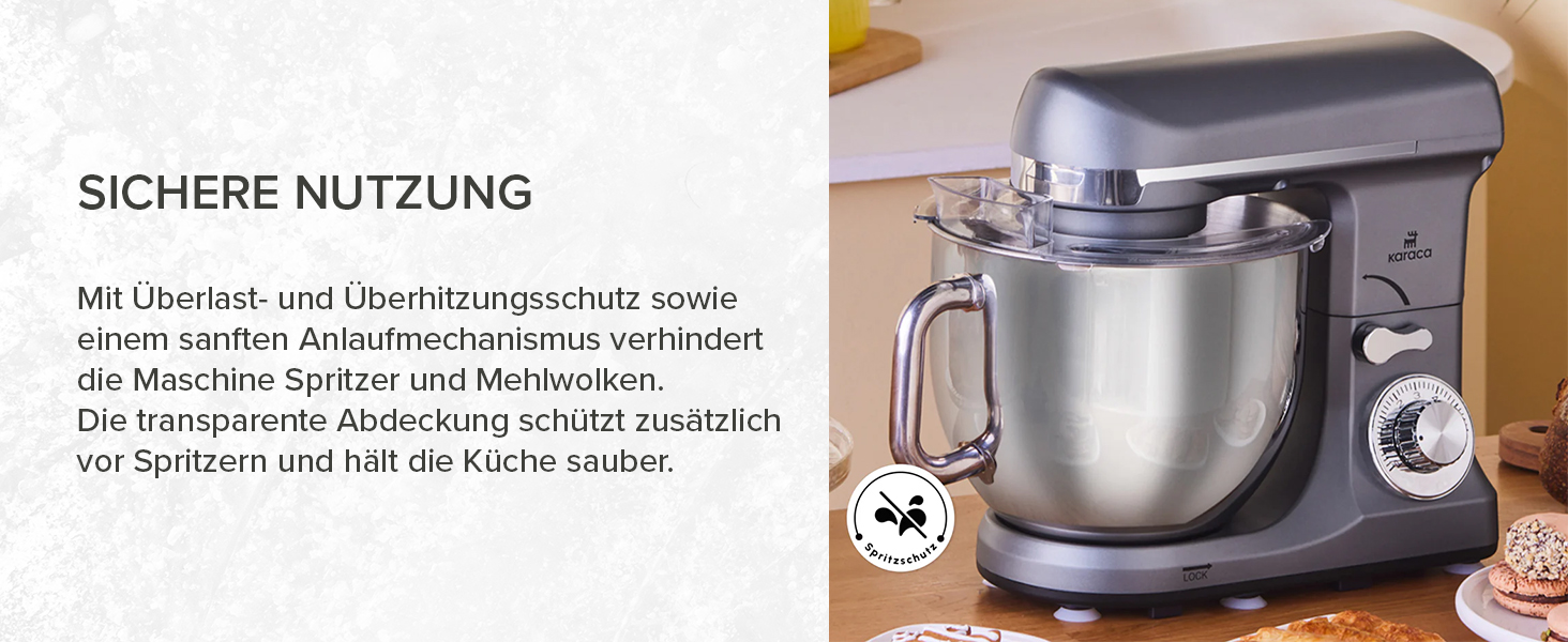 Кухонна машина Karaca Blendburst 1400W з 6 швидкостями, 5.7л чаша з нержавіючої сталі, подвійний гак для тіста, міксер, насадки для збивання та замішування, сірий колір