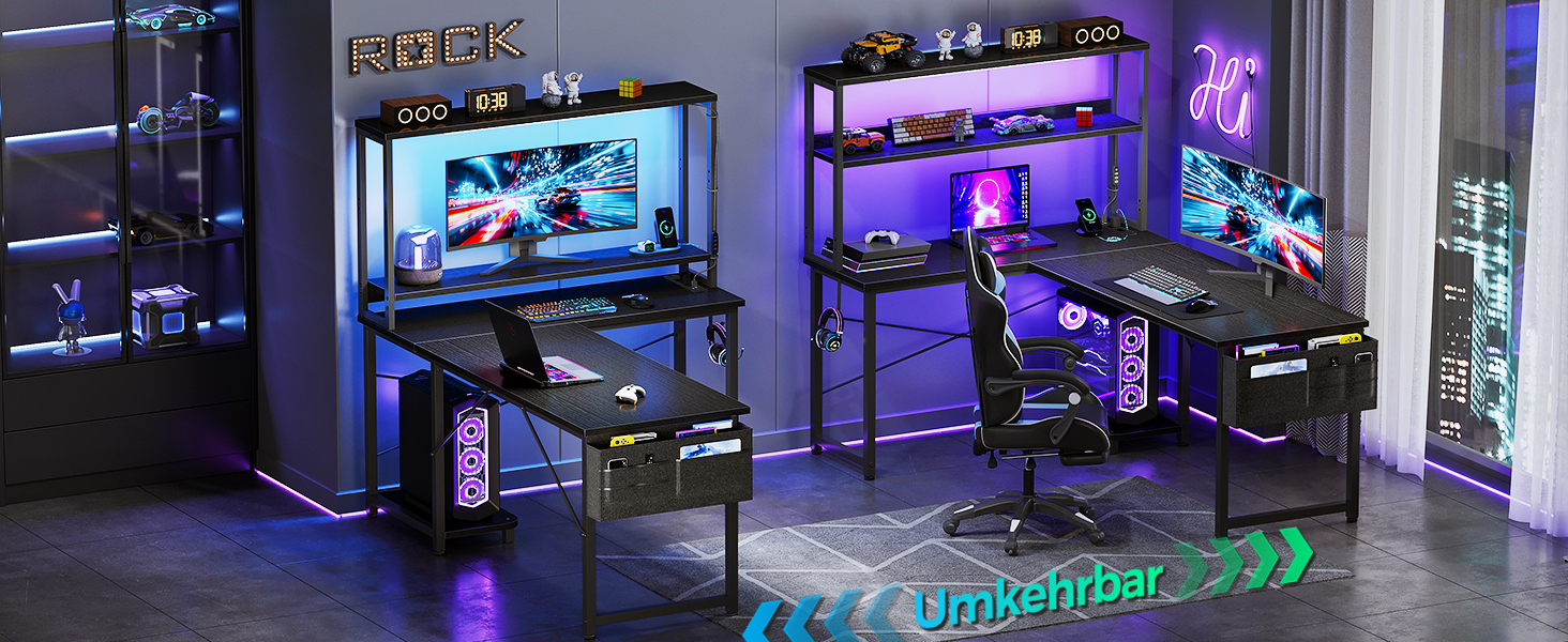 Ігровий стіл Coleshome L-подібної форми з LED підсвічуванням та розетками, 135 × 100 см. Реверсивний стіл з полицями для зберігання, ігровий кутовий стіл з сумкою для дому та геймінгу, чорний (135x100 см)