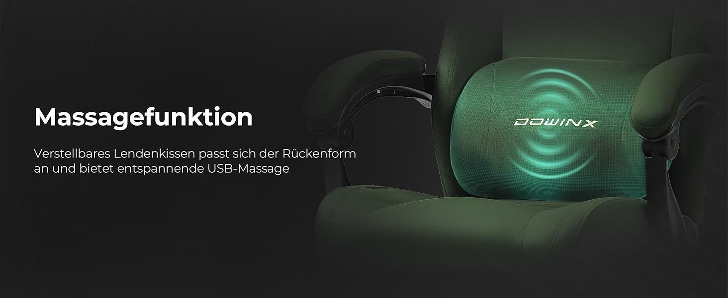 Ігрове крісло Dowinx з масажем попереку, регульованою підголівником, потовщеним сидінням, висувною підніжкою, регульованими підлокітниками, мікрофіброю велюром, нахилом 160°, (зелене)