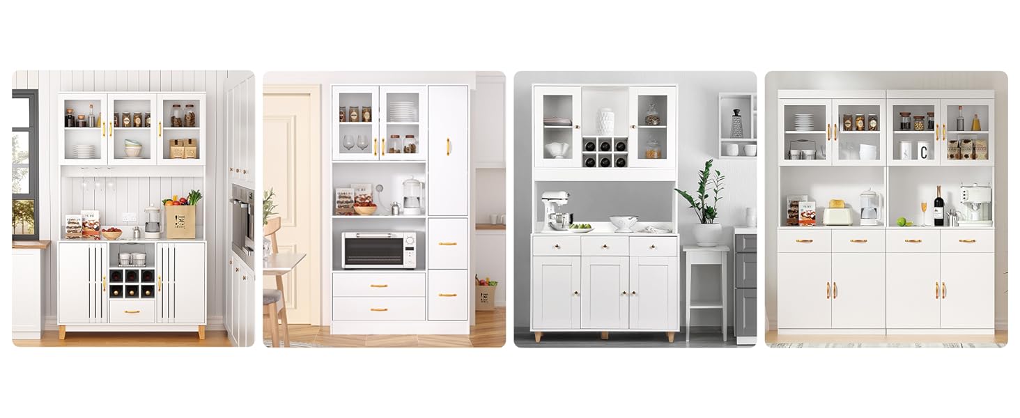 Кухонна шафа VOWNER з робочою поверхнею, буфет на 4 дверцята, шафа-вітрина, буфет з регульованими полицями, 80 x 40 x 180 см, для кухні, вітальні, офісу, їдальні (білий)