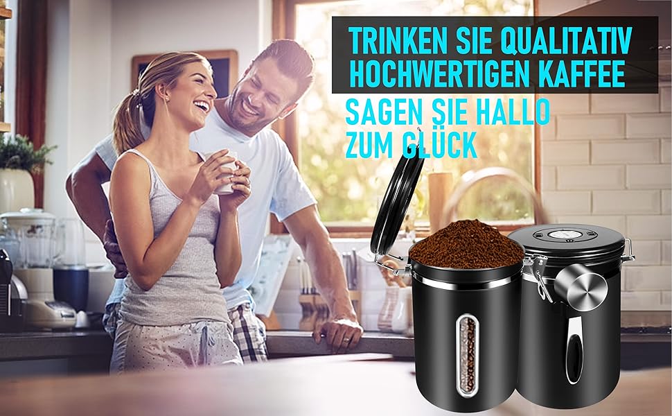 Контейнер для кави 1 кг з нержавіючої сталі з герметичним клапаном, вікном та мірною ложкою