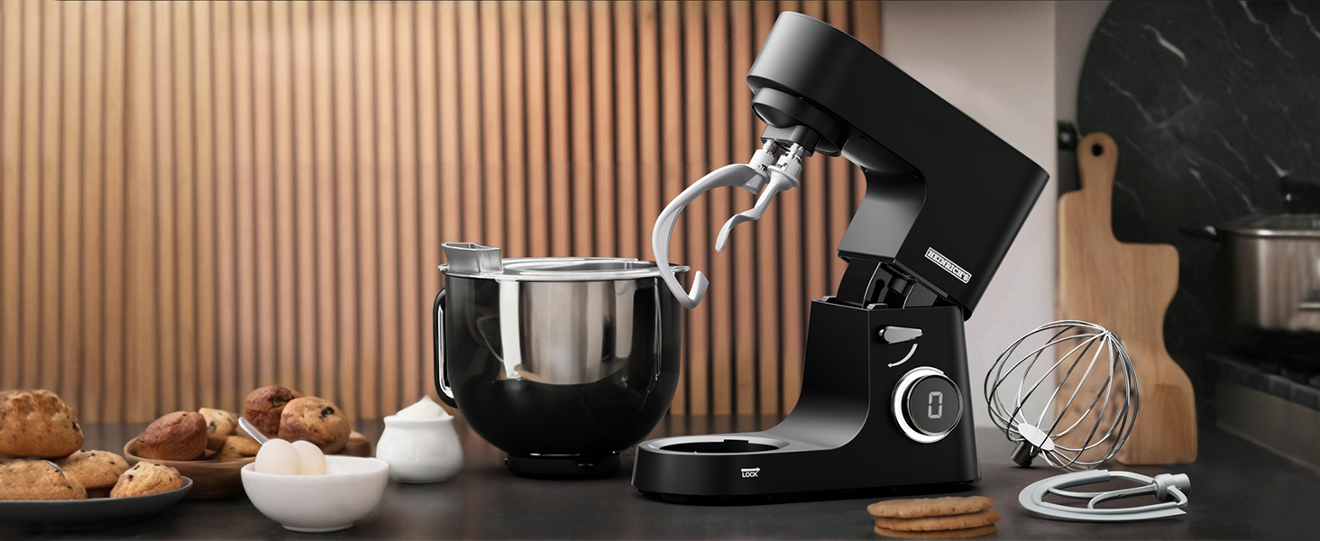 Кухонна машина Heinrichs 2500W з подвійним гаком для тіста, міксером та вінчиком, 8 швидкостей, чаша 8л з нержавіючої сталі, чорна