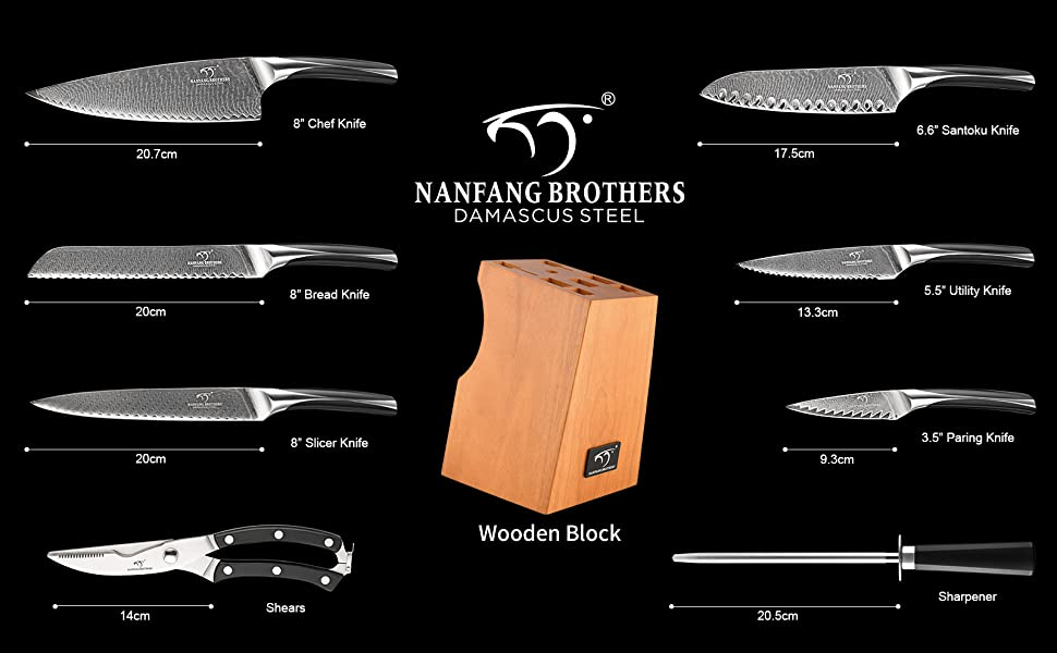 Набір кухонних ножів NANFANG BROTHERS 7 предметів з бруском, Дамаська сталь, VG10, HRC 60, кухонні ножі, подарунковий набір