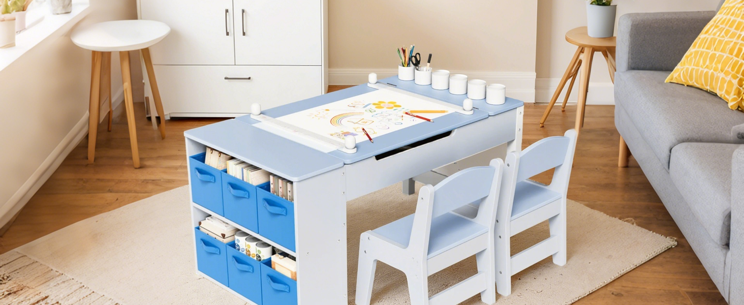 Дитячий стіл MAMIZO з 2 стільцями: дерев'яний стіл для ігор з місцем для зберігання, комплект меблів для дітей, стіл для малювання та рукоділля, від 3 років (блакитний)