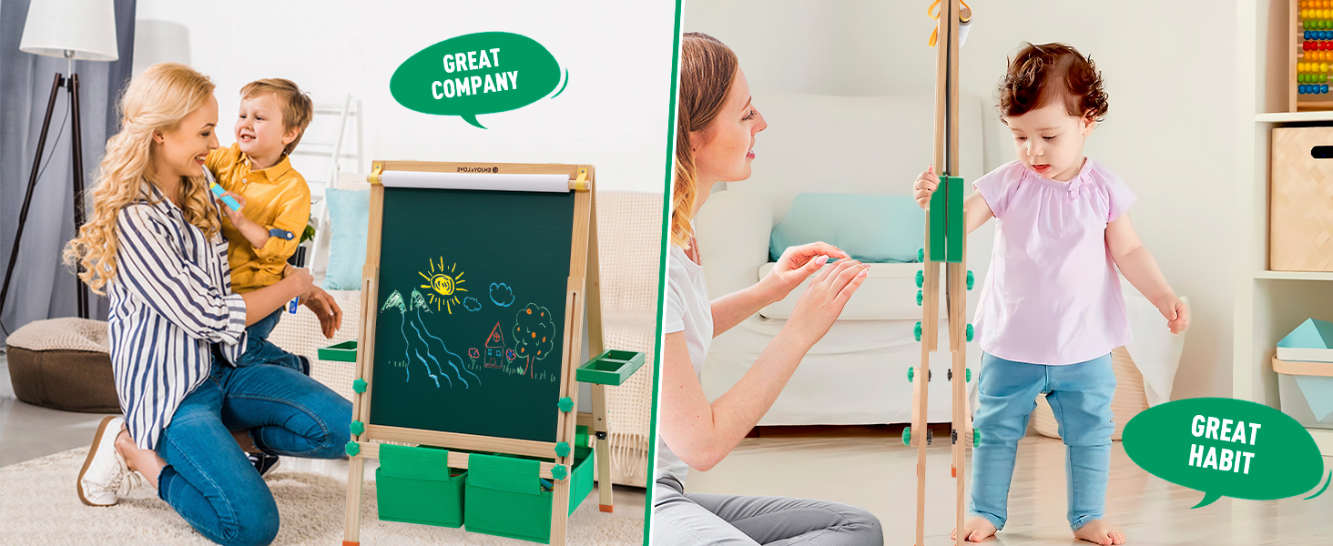 Дитяча мольберт-трансформер з паперовим рулоном, дошками для малювання та аксесуарами. Регульована висота 90-110 см. Дошка з покриттям для сухого стирання.