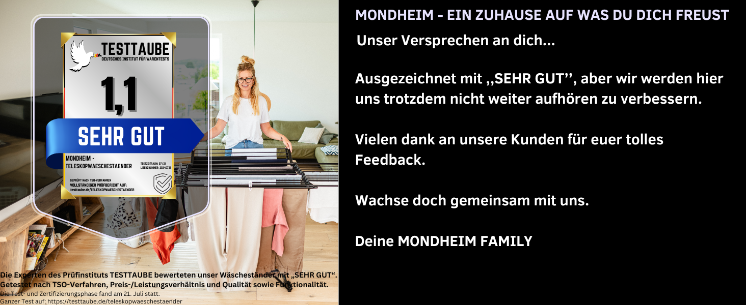 MONDHEIM® Сушарка для білизни XXL Teleskop 26м | Розкладна, з поперечиною, для балкону/тераси