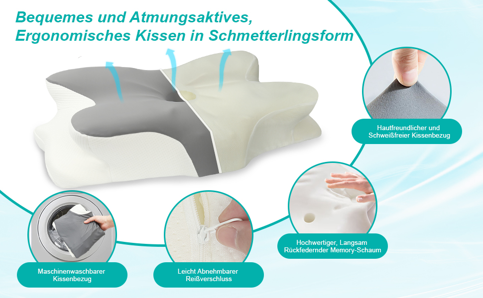 Ортопедична подушка з піни Memory Foam для шиї та голови 63x42.5x13.8/9 см, ергономічна для сну на боці, спині та животі