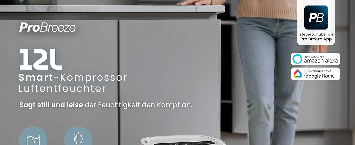 Pro Breeze® Eco Kompakt 12L/день: Електричний осушувач повітря з LED-дисплеєм, функцією сушіння білизни та Smart App (20 м²)