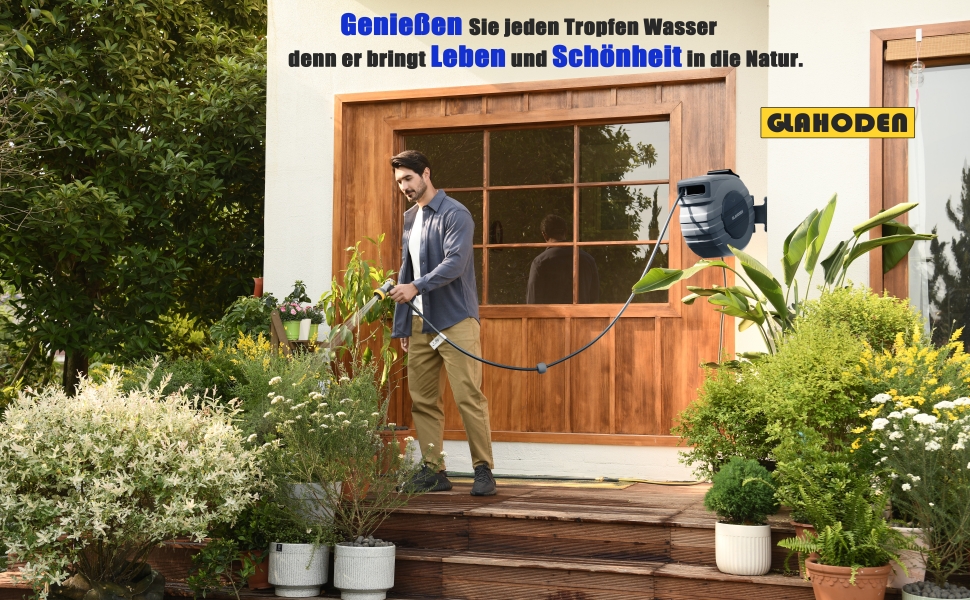 Шланговий барабан GLAHODEN з шлангом для саду 40 м + 2 м, стійкий до сонця та морозу, поворотний на 180°, настінна шланговий бокс з 9-функціональною розпилювальною насадкою (30 м)