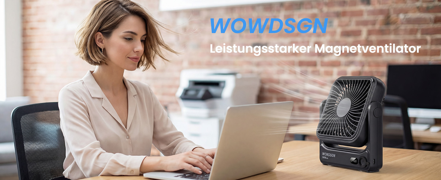Вентилятор настільний USB WOWDSGN з магнітною основою, LED-дисплеєм та акумулятором 5000mAh, 4 режими, для кемпінгу, подорожей, офісу - Чорний
