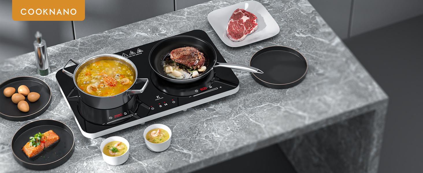 Індукційна плита COOKNANO подвійна 3600W з незалежним керуванням, 20 рівнів потужності та температури, таймер 6 годин, чорна 60x36x5.7 см