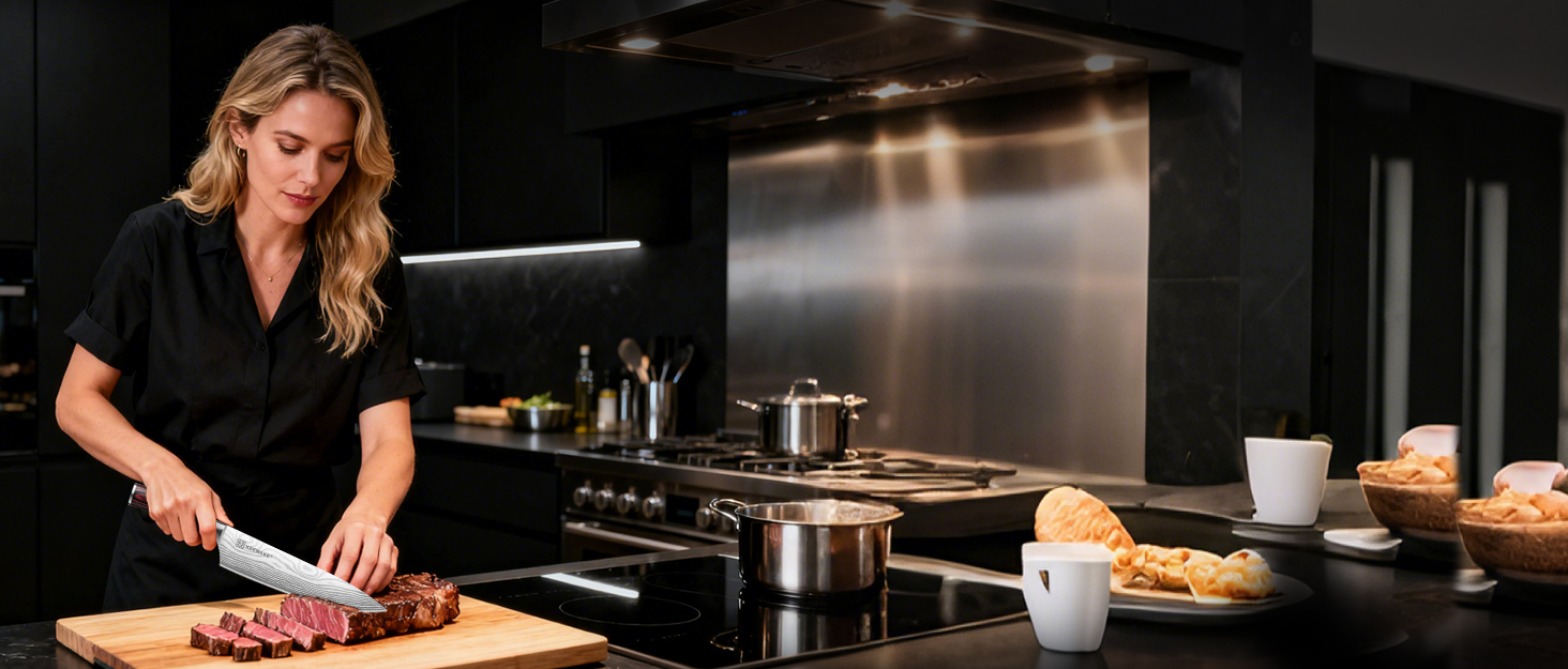 KEEMAKE Ніж кухарський 20см, професійний ніж для кухні з нержавіючої сталі з захистом леза, гострий ніж шеф-кухаря для м'яса, овочів, риби