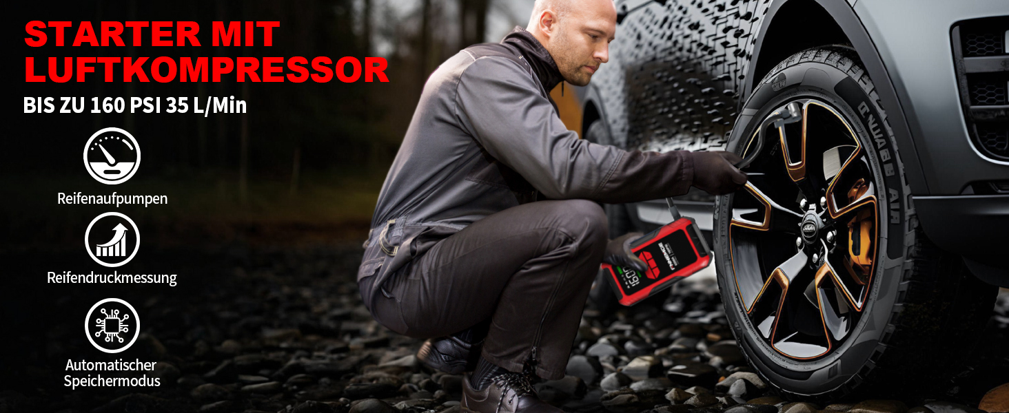 Пусковий пристрій (бустер) FNNEMGE 26800mAh 6500A з компресором 160PSI для авто (бензин та дизель до 10.0л), LCD-дисплей, LED-ліхтарик