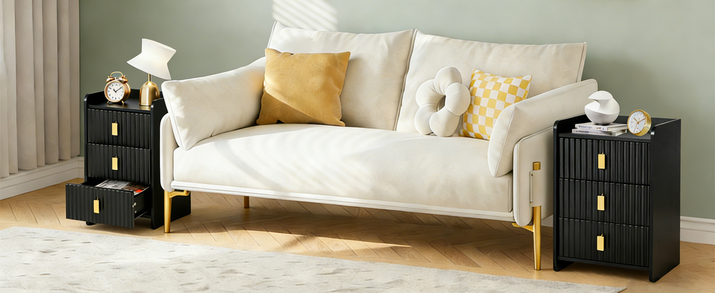 Нічний столик з 3 шухлядами, дерев'яний, з різьбленою передньою частиною, чорний. Нічний столик для спальні, вітальні, легко збирається.