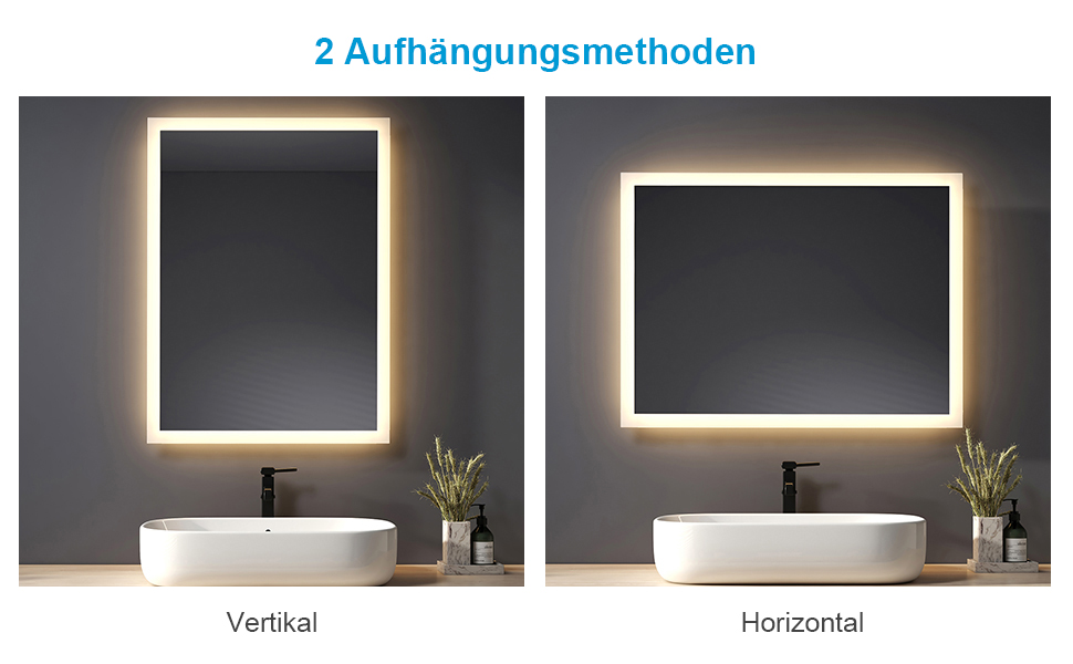 Дзеркало для ванної кімнати з підсвічуванням LED 80x60 см, тепле біле світло 3000K, монтаж вертикально/горизонтально