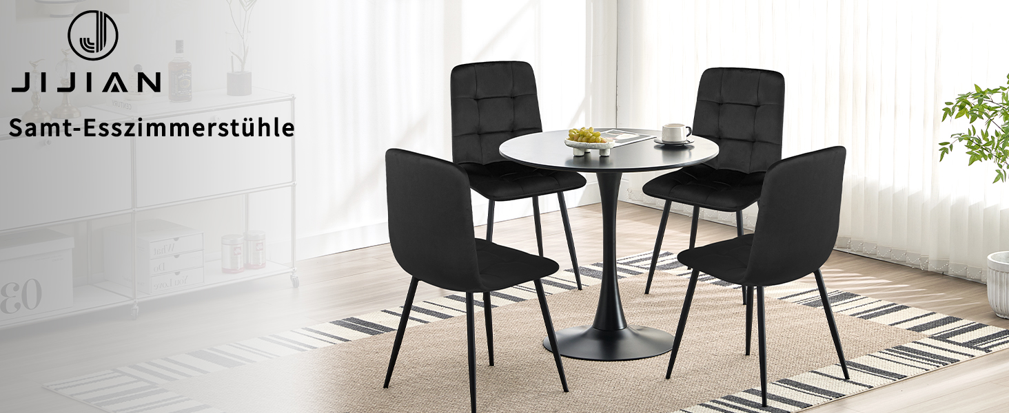 Набір обідніх стільців, м'які стільці з оксамитовою оббивкою та чорними металевими ніжками, кухонні стільці з максимальною вантажопідйомністю 120 кг (4 шт, чорний)